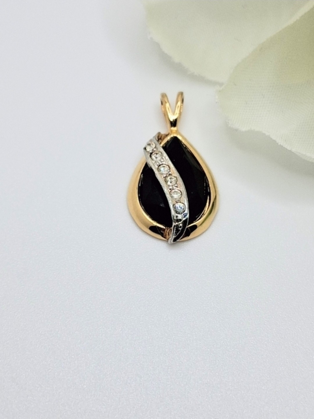 LIND 14k Gold Electroplate Black Teardrop Rhinestone Pendant